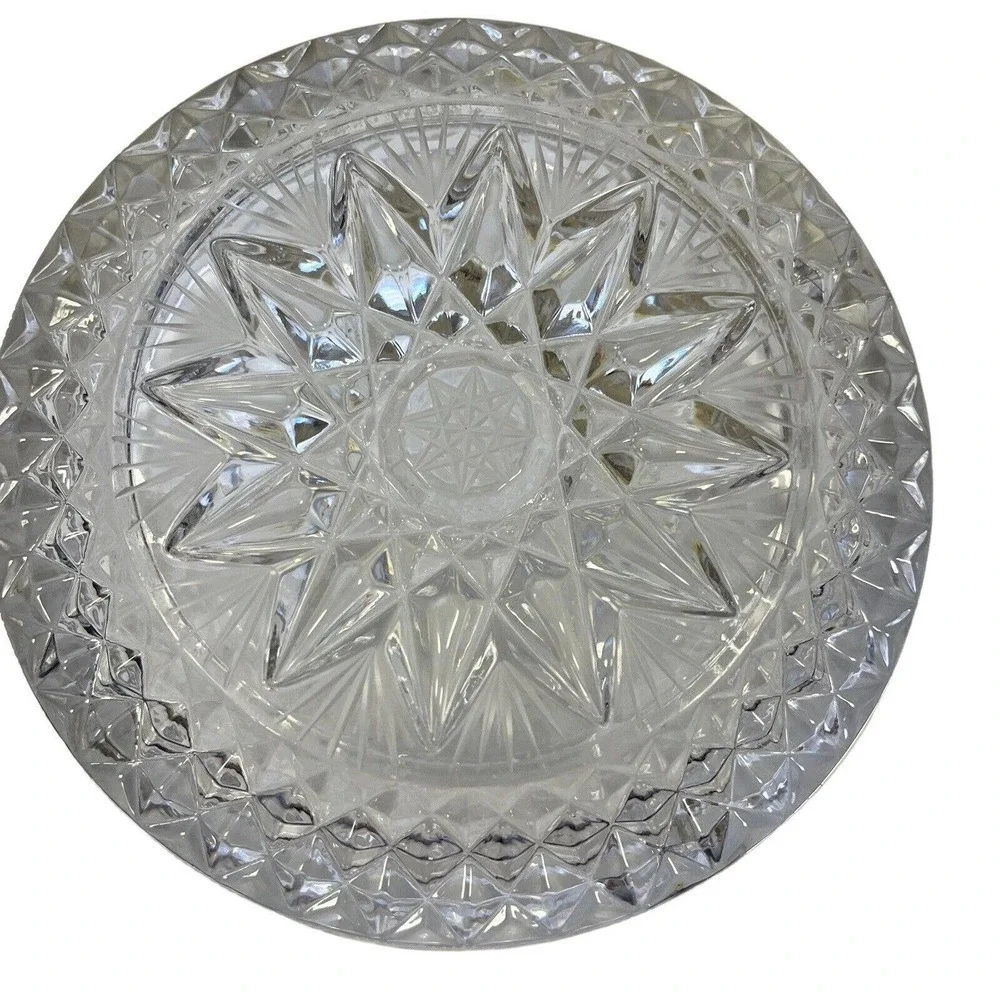 VINTAGE Crystal Cut Glass Ashtray Circle 4 Dip Heavy Flower Center